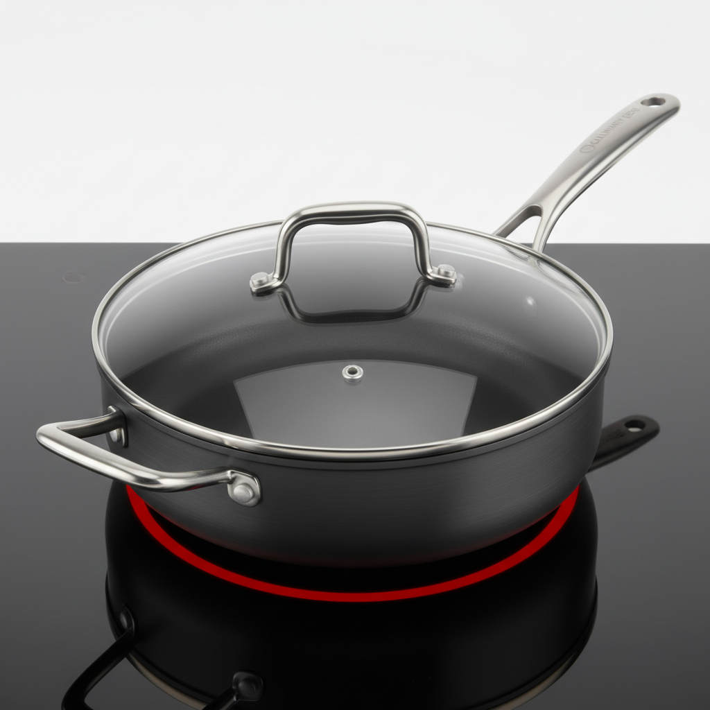 Non-stick deep saute pan with tempered glass lid on white studio background