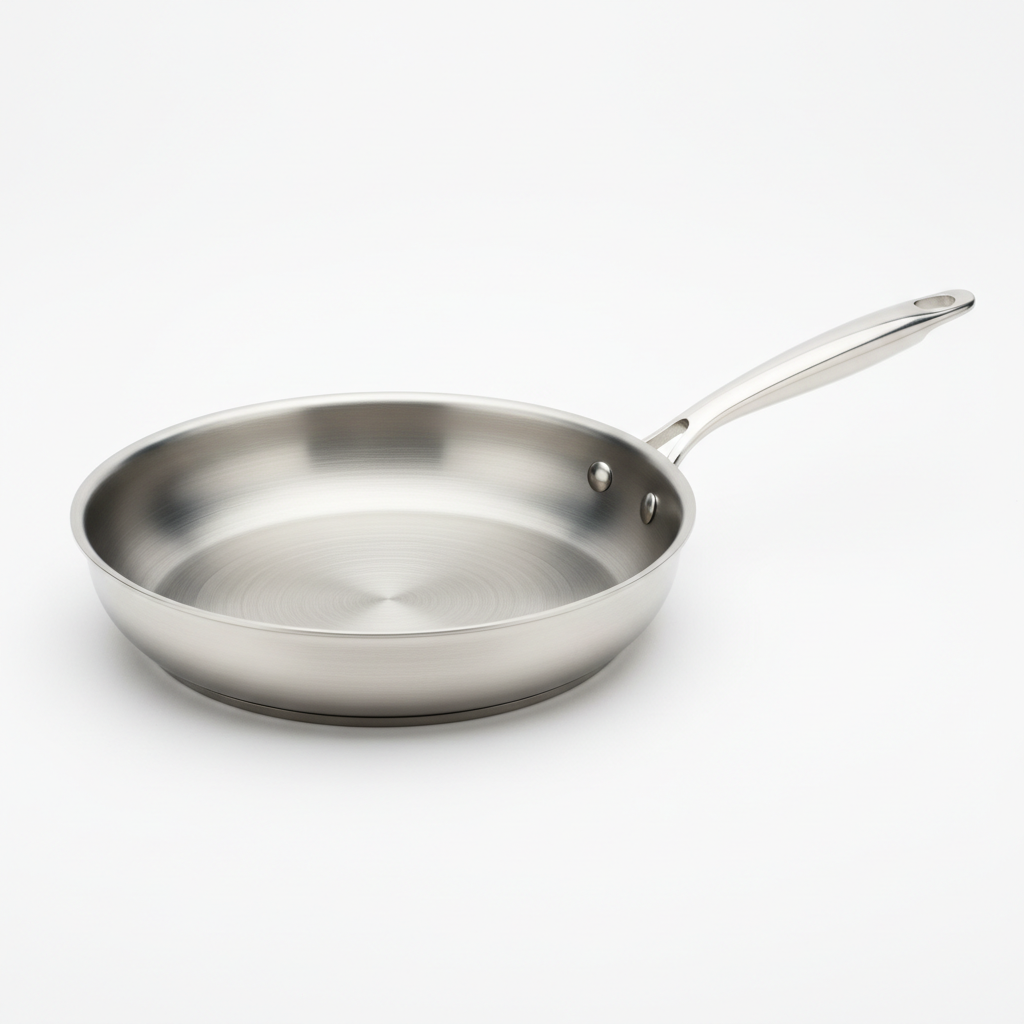 Titanium alloy fry pan with textured stria non-stick interior on white background