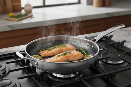 Premium stainless steel fry pan searing salmon with herbs and lemon on a stovetop