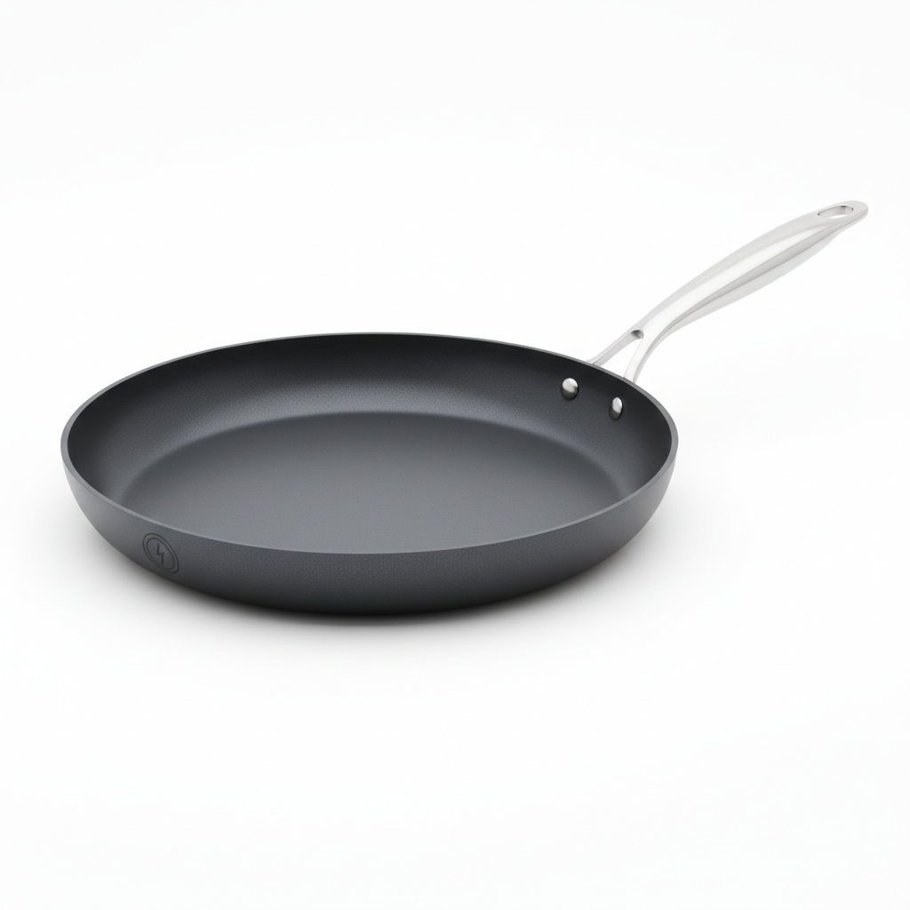 Low profile non-stick crepe pan with flat cooking surface on white studio background