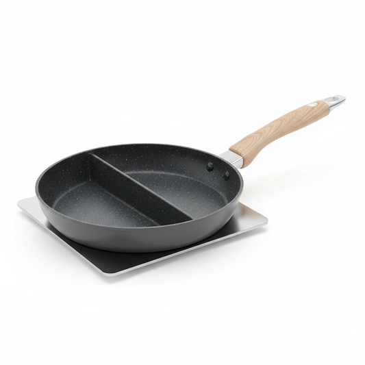 Two-in-one divided non-stick frying pan with two cooking compartments on white studio background
