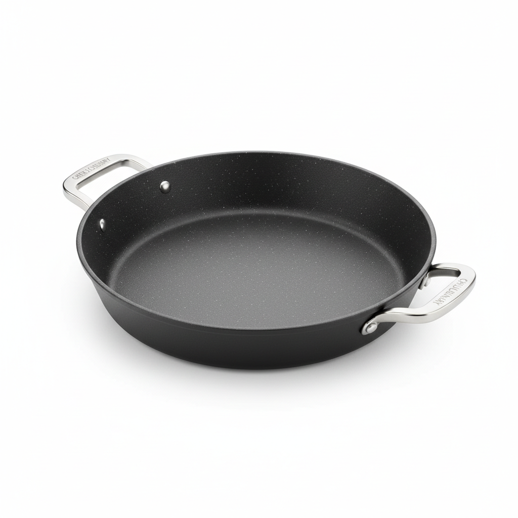 Heavy duty double handle non-stick frying pan on white studio background