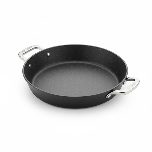 Heavy duty double handle non-stick frying pan on white studio background