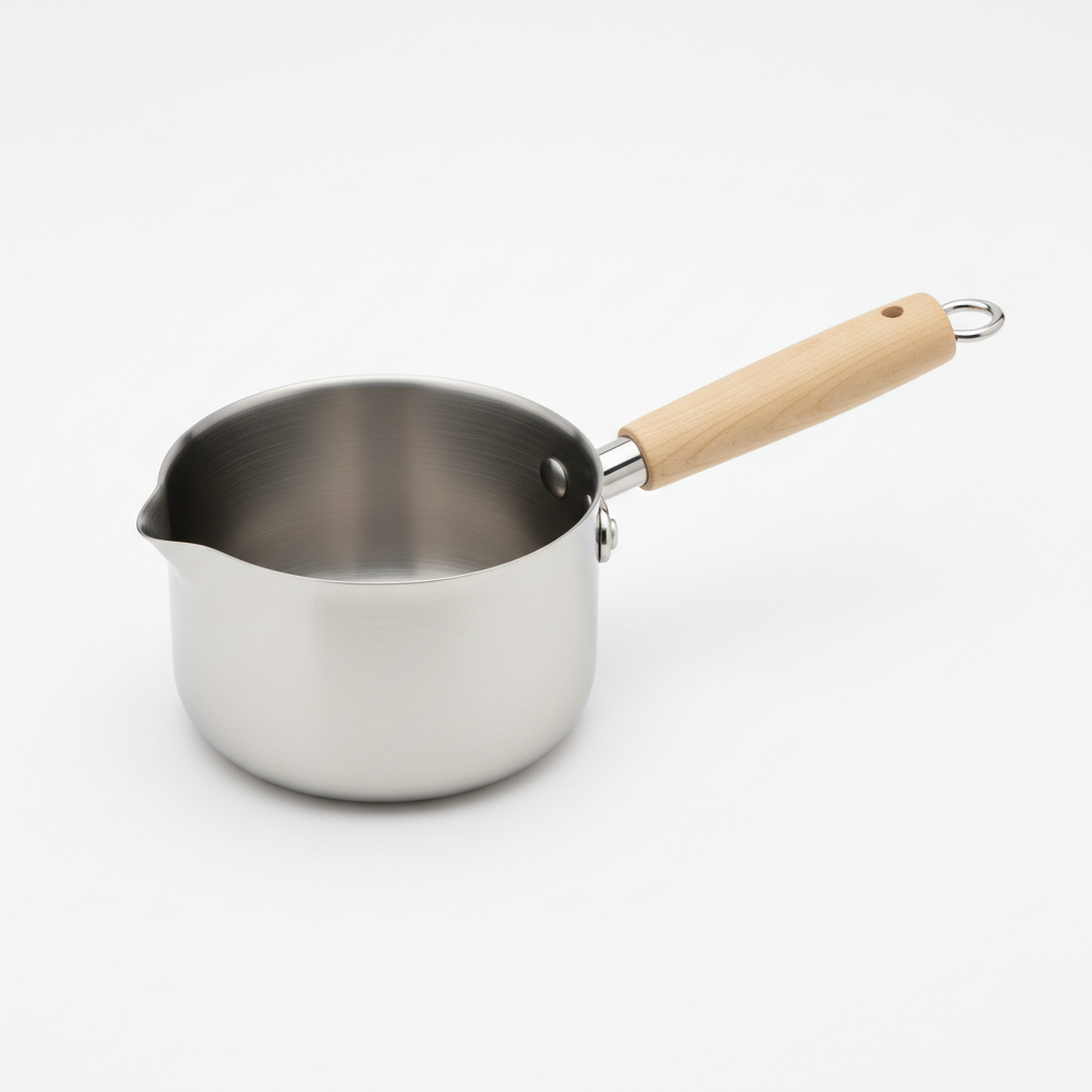 Mini non-stick milk pan with pour spout on white background