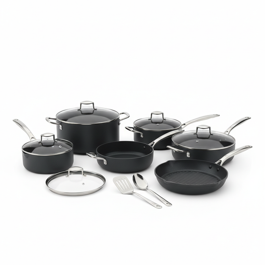 13-piece non-stick iron cookware set with pots, pans and glass lids on white background