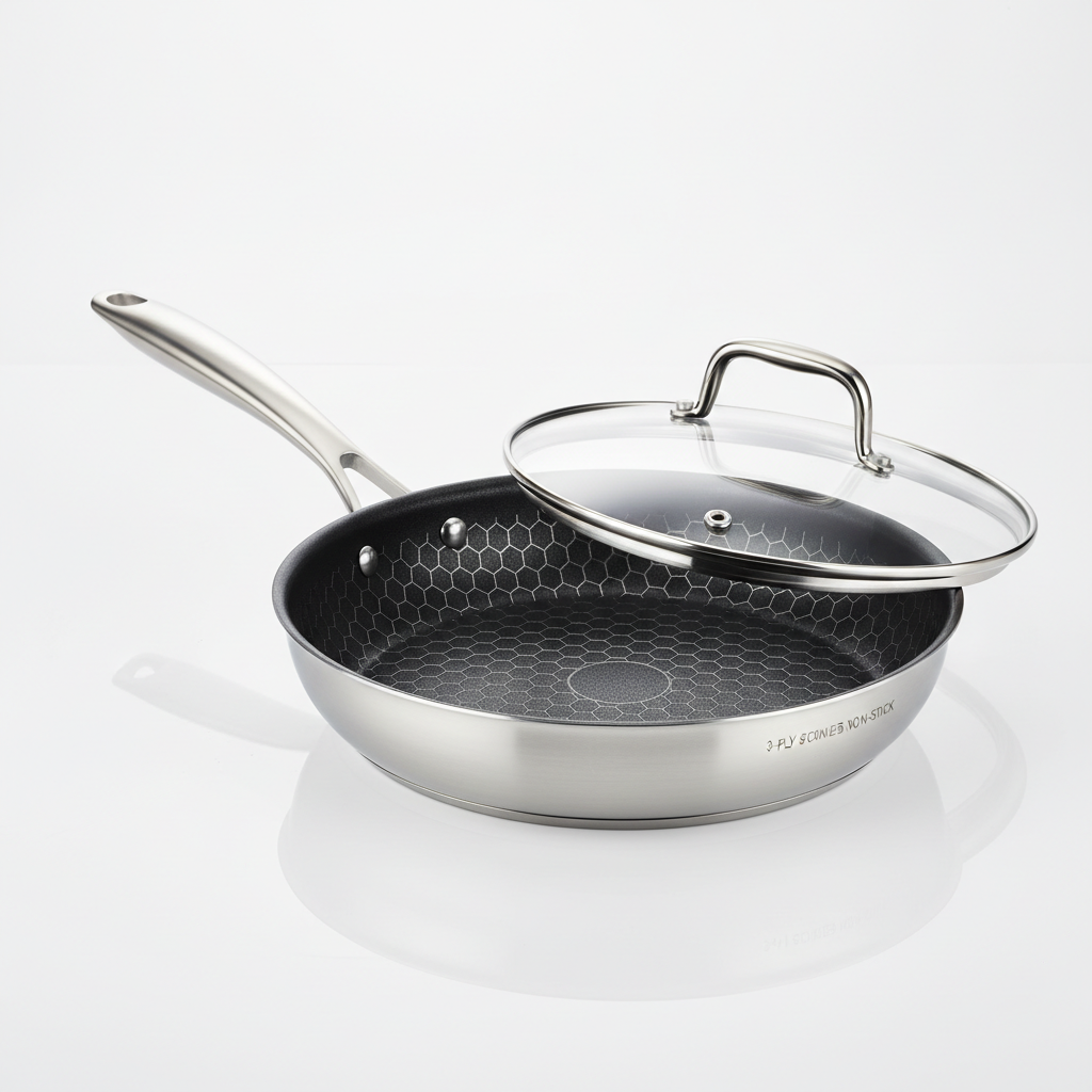 Premium 3-ply stainless steel fry pan with honeycomb non-stick interior and tempered glass lid on white background